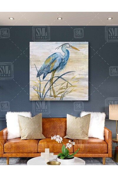 SML TABLO Stork Gold Detailed Blue Bird Fisherman Reeds Lake Shore Square Canvas Painting