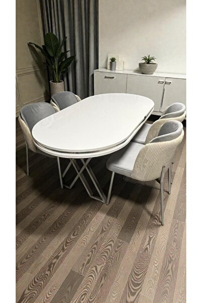 MSY HOME 4 Kişilik Aura Krom Serisi Beyaz Lake Oval Yemek Masası ve Puffy Açı...