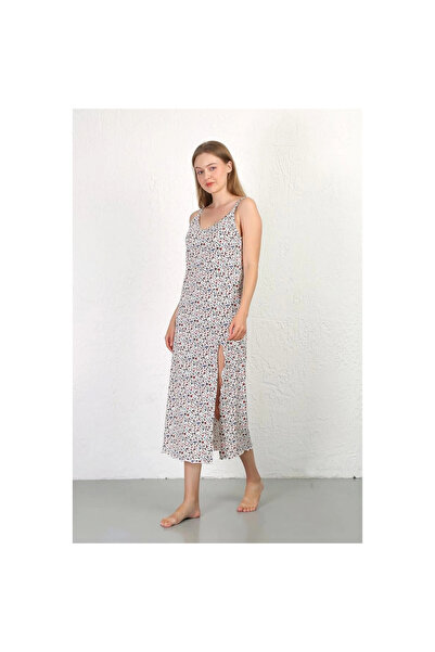 Narnuga Mi̇ray- Long Nightgown with String Straps Slit Inches White