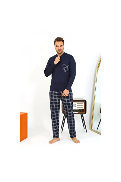 Narnuga Mi̇ray- Men's Long Sleeve Combed Cotton Navy Blue Pajama Set