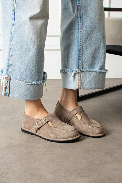 Zintra Kadın Süet Tokalı Babet Bej Renk Önü Kapalı Günlük Ayakkabı Rahat Konf...