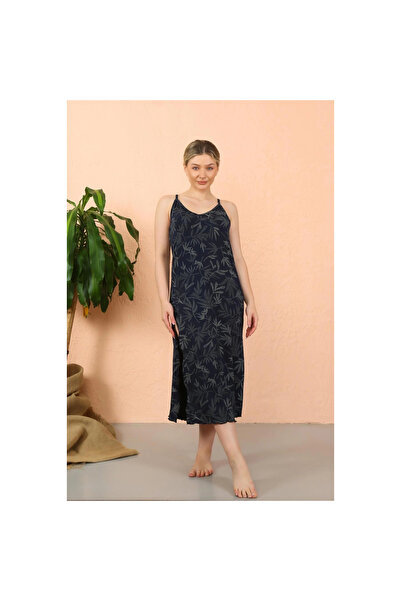 Narnuga MİRAY- ثوب نوم نسائي بحزام من الخيوط موديل شق زون باللون الأزرق الداكن