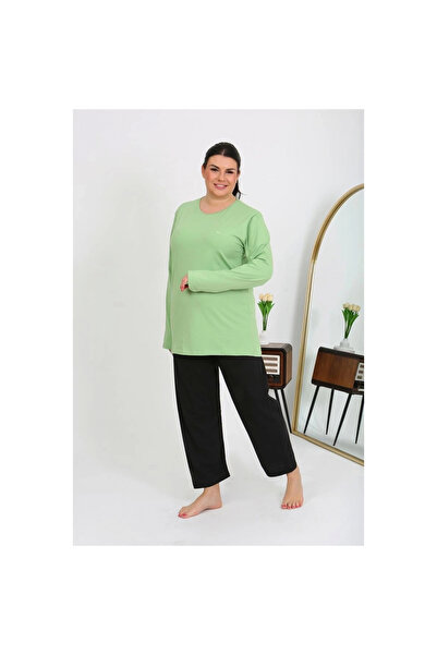 Narnuga Mi̇ray- Women's Plus Size Long Sleeve Combed Cotton Pajama Set Pistachio Green