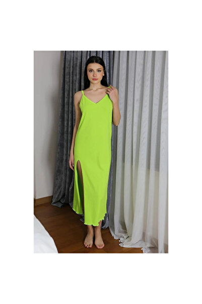 Narnuga Mi̇ray- Women's String Strap Long Yı Slit Amuk Combed Cotton Nightgown Green