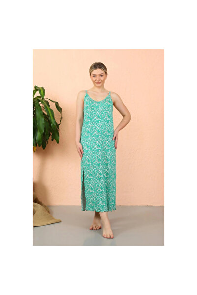 Narnuga MİRAY- قميص نوم نسائي بحزام من الخيوط موديل شق زون أخضر