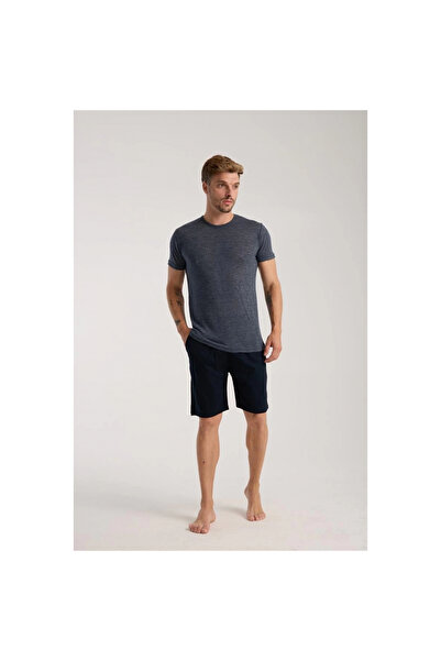 Narnuga Mi̇ray- Men's Navy Blue Crew Neck Short Sleeve Pajama Set with Shorts