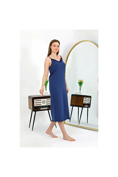 Narnuga Mi̇ray- Long Nightgown with String Straps Slit Inches Navy Blue