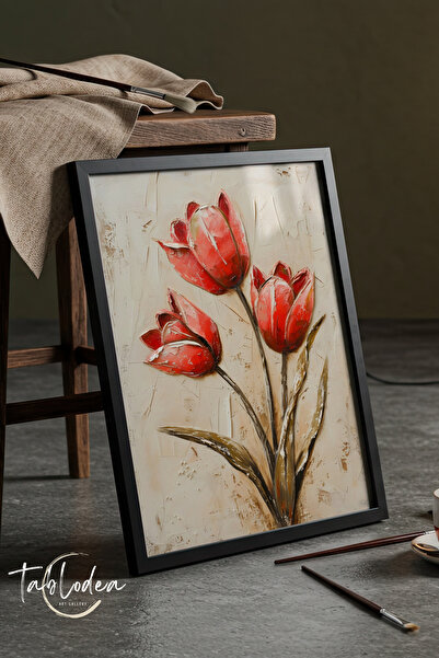 tablodea Poster cu ramă din lemn negru, cu model de lalele roșii, cu efect de...