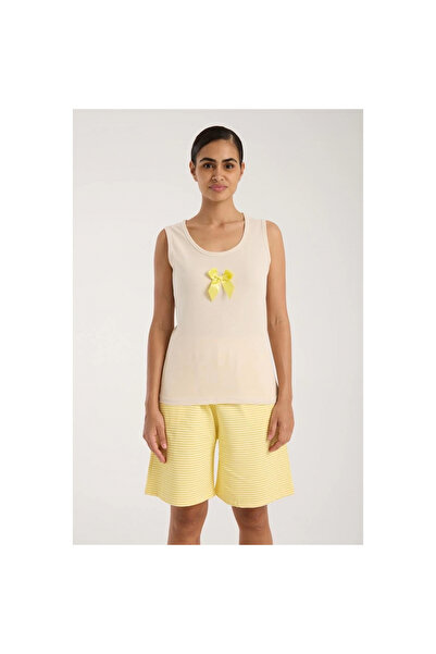 Narnuga Mi̇ray- Women's White Ribbon Detailed Yellow Striped Shorts Pajama Set