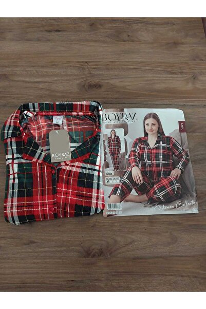 BOYRAZ Plus Size Women's Green-Red Long Sleeve Front Buttoned B Piped Pajama Set