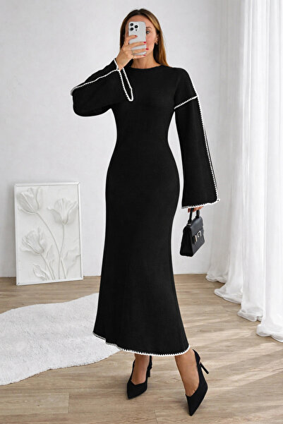 MARLİNG Black Rat Tooth Embroidered Knitted Dress