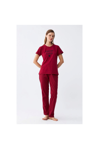 Narnuga Mi̇ray- Women's Burgundy Heart Patterned Short Sleeve Combed Cotton Pajama Set