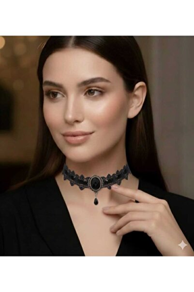 modares Vintage Siyah Dantel Gotik Gerdanlık Kolye - Parti Aksesuarları - Aya...