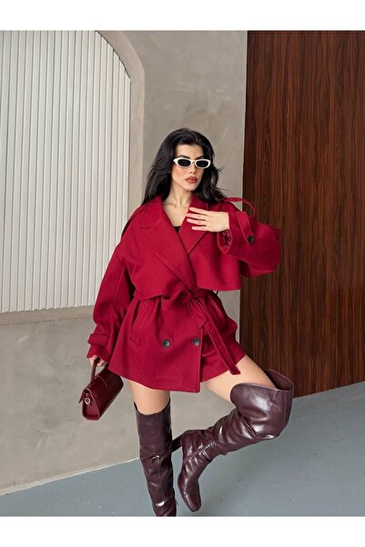 Bella Breeze Women's Short Belted Premium Cashmere Coat with Epaulet Detail on the Sleeves and Cape Detail