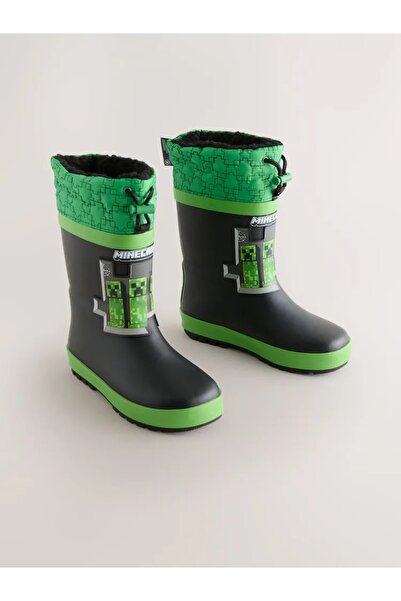 Next Baby Siyah/Yeşil Minecraft Desenli Sıcak Astarlı Manşetli Yağmur Çizmeleri