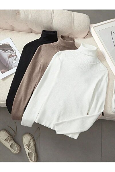 SKYBEAR Women's Black White Beige 3-Piece Turtleneck Ribbed Knit Knitwear Swe...