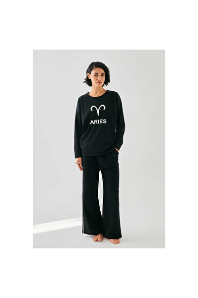 Narnuga Mi̇ray- Women's Black Aries Zodiac Sign O Oversized 2 Thread Tracksuit Home Wear Set