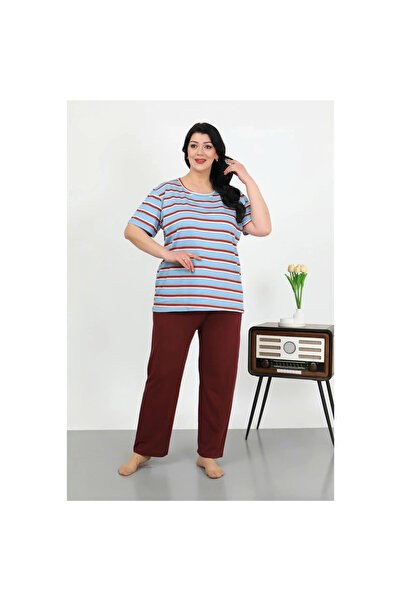 Narnuga Mi̇ray- Women's Plus Size Short Sleeve Combed Cotton Pajama Set Blue