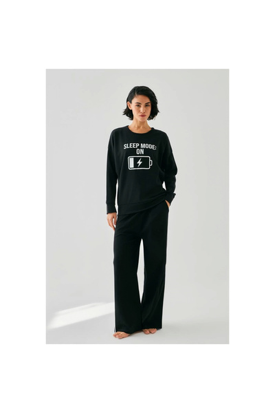 Narnuga Mi̇ray- Women's Black Sleep Mode on O Oversized 2 Thread Tracksuit Home Wear Set