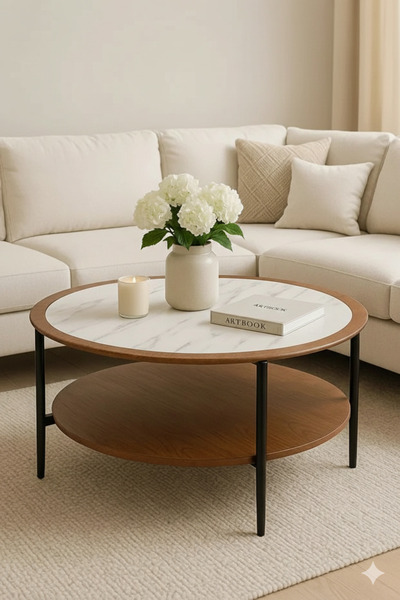 NZONE STORE طاولة قهوة دائرية أنيقة من الرخام والجوز مع رف
