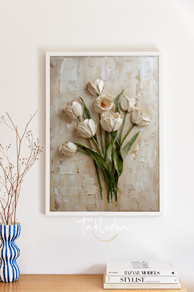 tablodea Doku Görünümlü Soft Çiçek Desenli Beyaz Ahşap Çerçeveli Poster TD Ya...