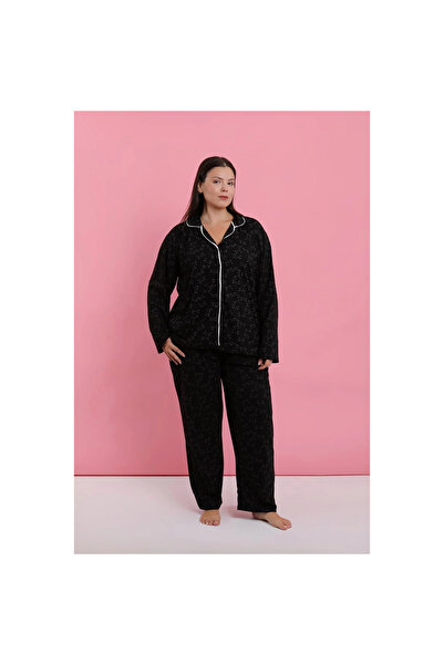 Narnuga Mi̇ray- Women's Plus Size Black and Red Floral Buttoned Pajama Set