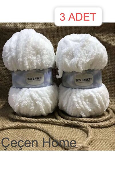 ÇEÇEN HOME (3 ADET) Eko Basket Kalın Peluş Ip Beyaz Kuzucuk İp Yünlü İp Pofud...