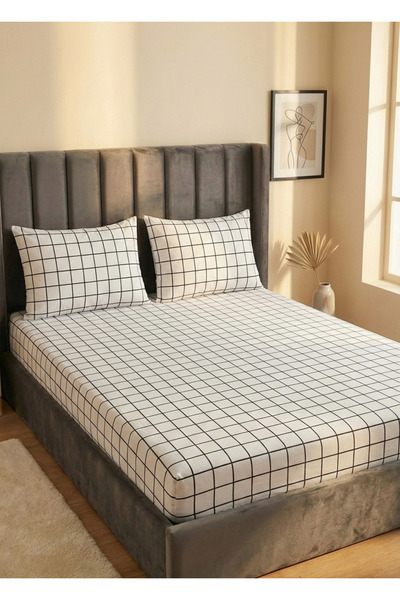 ChicMaison King Size Double Cotton |   Elastic |   Sheet Set |   White Square
