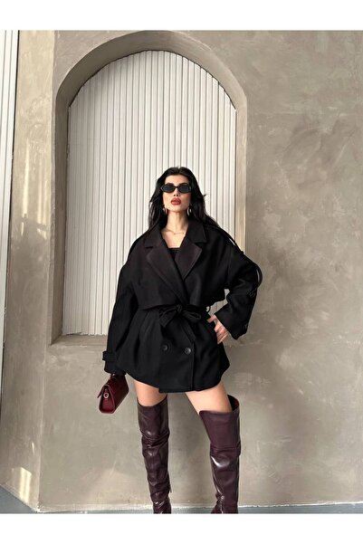 Bella Breeze Women's Short Belted Premium Cashmere Coat with Epaulet Detail on the Sleeves and Cape Detail