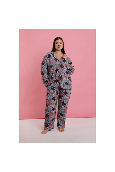 Narnuga Mi̇ray- Women's Plus Size Salmon Leaf Patterned Buttoned Pajama Set