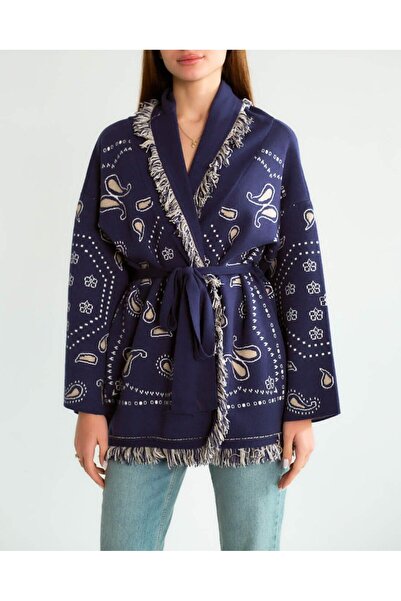 Lavanta Tekstil Tassel Detailed Ethnic Pattern Belted Cardigan