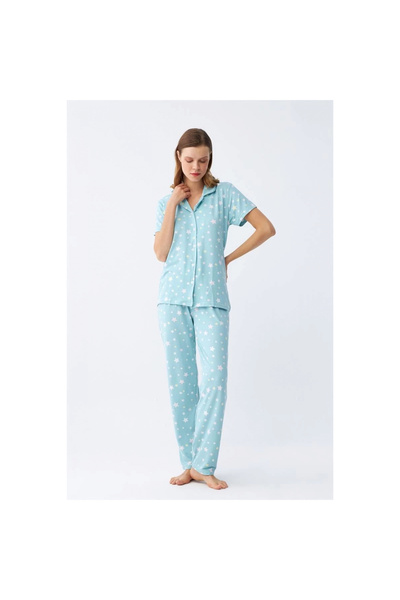Narnuga Mi̇ray- Women's Ice Blue Star Patterned Front Buttoned Pajama Set
