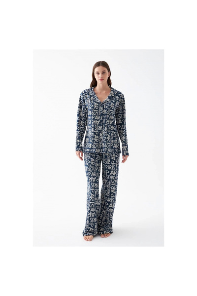 Narnuga Mi̇ray- Women's Navy Blue “Paris” Text Patterned Buttoned Cotton Pajama Set