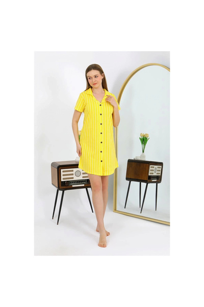 Narnuga Mi̇ray- Women's Cotton Combed Short Sleeve Buttoned Yellow Tunic Nigh...
