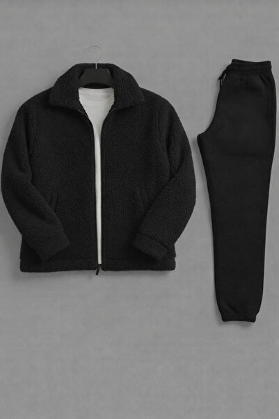 BRLKN Unisex Plush Polo Neck Cardigan Tracksuit Set with Pockets Winter Thick Fabric