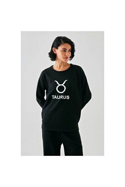 Narnuga Mi̇ray- Women's Black Taurus Zodiac Sign O Oversized 2 Thread Tracksuit Home Wear Set