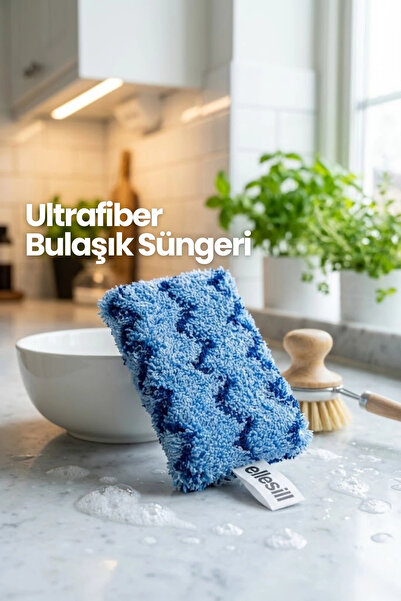 Ellesill İthal Ultrafiber Bulaşık Süngeri Scrub Pro Mavi Renk Sünger 12x7x3 c...