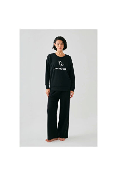 Narnuga Mi̇ray- Women's Black Capricorn O Oversized 2 Thread Tracksuit Home Wear Set