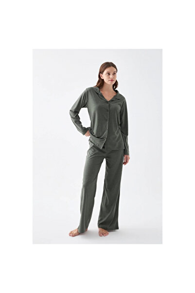 Narnuga Mi̇ray- Women's Khaki Buttoned Cotton Pajama Set