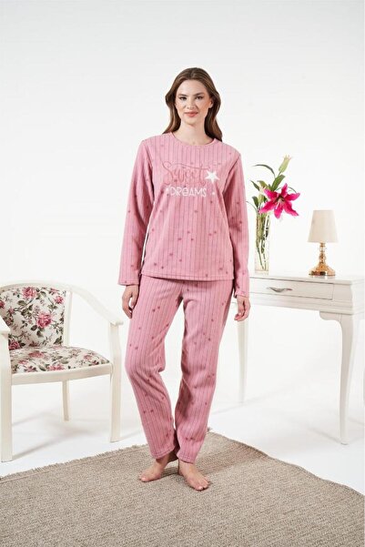 Estiva Buttoned Front Polka Dot Corded Fabric Fleece Pajama Set