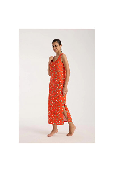 Narnuga Mi̇ray- Women's Thick Strap Y Slit Long Orange Nightgown