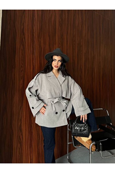 Bella Breeze Women's Short Belted Premium Cashmere Coat with Epaulet Detail on the Sleeves and Cape Detail