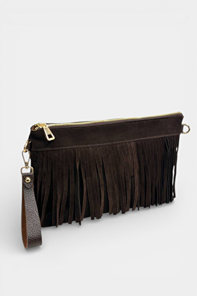 Miales Kahverengi, Hakiki Süet Deri Püskül ve Uzun Askı Detaylı Kadın Portföy...