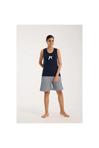 Narnuga Mi̇ray- Women's Navy Blue Ribbon Detailed Striped Shorts Pajama Set