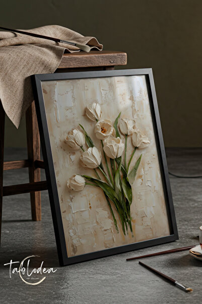 tablodea Yağlı Boya Efektli Çiçek Desenli Siyah Ahşap Çerçeveli Poster Tablo ...