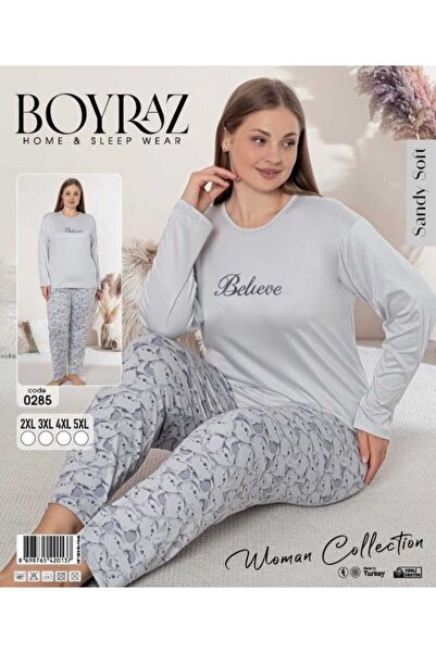 BOYRAZ Plus Size Ice Gray Colorful Bear Pattern Long Sleeve Oversized Pajama Set