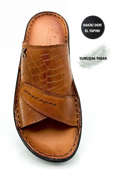 lil amore Genuine Real Leather Men's Slippers Lightweight Slippers Leather 3d Tan 1