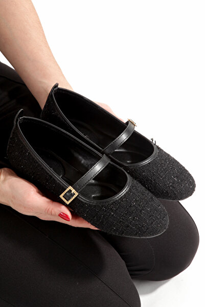 CEMAY Balerini din țesătură tweed pentru femei, cu cataramă simplă, potriviti...