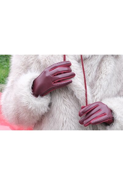 YENGEÇ DERİ BORDO RENK ELDİVEN TÜY DETAY