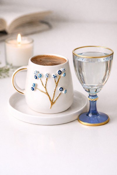 Madamiko Nazar Boncuklu Türk Kahvesi Fincanı ve Kahve Yanı Su Bardağı – Altın Detaylı, El İşçiliği Tasarım